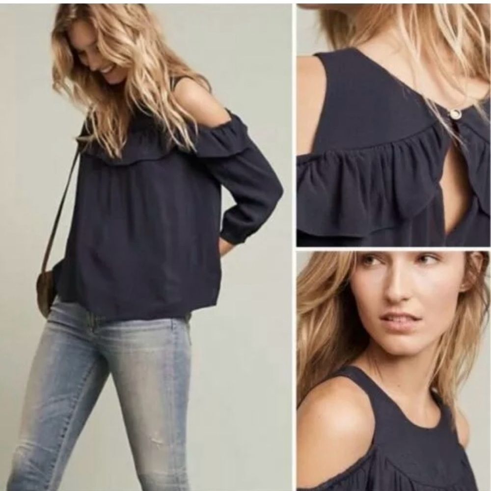 Anthropologie Maeve Navy Cold Shoulder Ruffle Top Romantic Coquette Size 2 & 4 - Picture 3 of 10